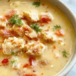 A steaming bowl of creamy chicken and rice soup garnished with chopped herbs, with visible chunks of tender chicken, fluffy rice, and a rich, velvety broth. The bowl is placed on a rustic wooden table with fresh herbs and a slice of crusty bread beside it, emphasizing warmth and comfort.
