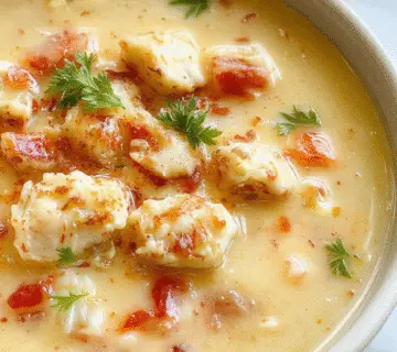 A steaming bowl of creamy chicken and rice soup garnished with chopped herbs, with visible chunks of tender chicken, fluffy rice, and a rich, velvety broth. The bowl is placed on a rustic wooden table with fresh herbs and a slice of crusty bread beside it, emphasizing warmth and comfort.