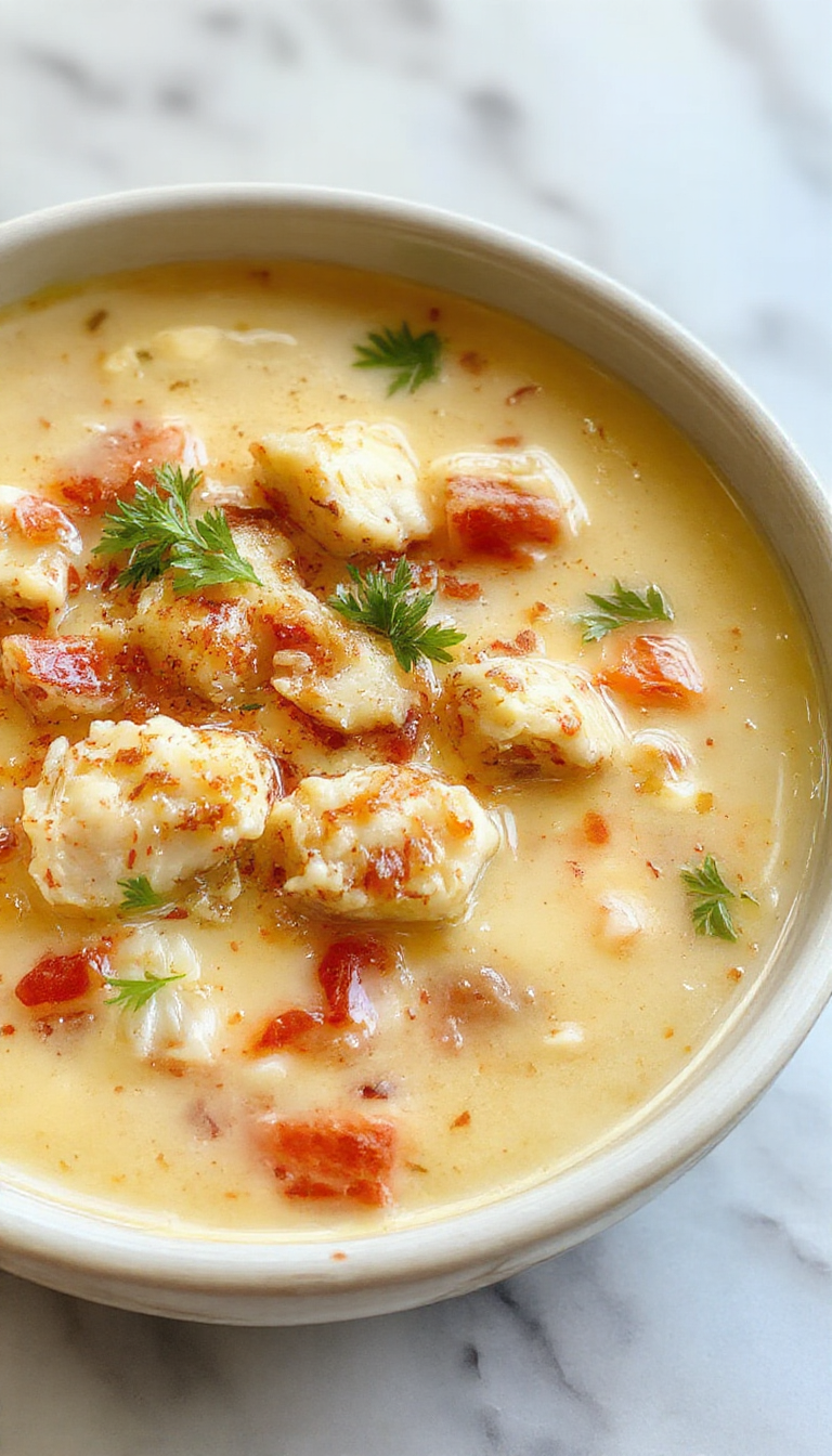 A steaming bowl of creamy chicken and rice soup garnished with chopped herbs, with visible chunks of tender chicken, fluffy rice, and a rich, velvety broth. The bowl is placed on a rustic wooden table with fresh herbs and a slice of crusty bread beside it, emphasizing warmth and comfort.
