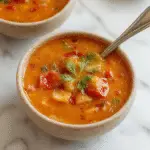 A bowl of creamy roasted tomato and red pepper soup, garnished with fresh herbs and a swirl of cream. The soup has a smooth, velvety texture with visible roasted pepper pieces and a vibrant red-orange color. The bowl is placed on a rustic wooden table with a side of toasted bread slices and a sprig of parsley for garnish.