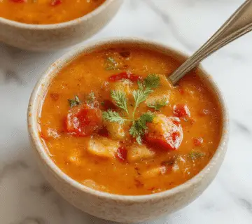 A bowl of creamy roasted tomato and red pepper soup, garnished with fresh herbs and a swirl of cream. The soup has a smooth, velvety texture with visible roasted pepper pieces and a vibrant red-orange color. The bowl is placed on a rustic wooden table with a side of toasted bread slices and a sprig of parsley for garnish.