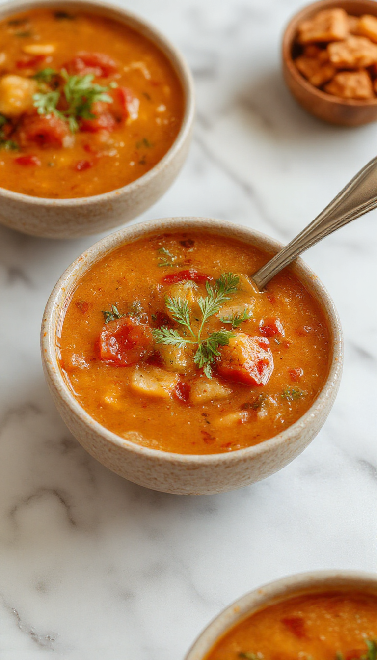 A bowl of creamy roasted tomato and red pepper soup, garnished with fresh herbs and a swirl of cream. The soup has a smooth, velvety texture with visible roasted pepper pieces and a vibrant red-orange color. The bowl is placed on a rustic wooden table with a side of toasted bread slices and a sprig of parsley for garnish.
