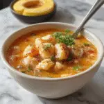 A steaming bowl of sopa fácil de ñoquis con pollo rostizado, garnished with fresh herbs. The vibrant yellow ñoquis and tender shredded chicken are visible, surrounded by a clear, savory broth. The bowl is elegant and sits on a rustic wooden table with a small side plate of crusty bread, creating a cozy and inviting autumnal presentation.