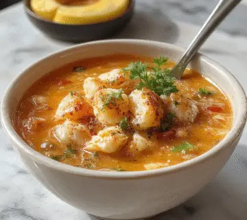 A steaming bowl of sopa fácil de ñoquis con pollo rostizado, garnished with fresh herbs. The vibrant yellow ñoquis and tender shredded chicken are visible, surrounded by a clear, savory broth. The bowl is elegant and sits on a rustic wooden table with a small side plate of crusty bread, creating a cozy and inviting autumnal presentation.