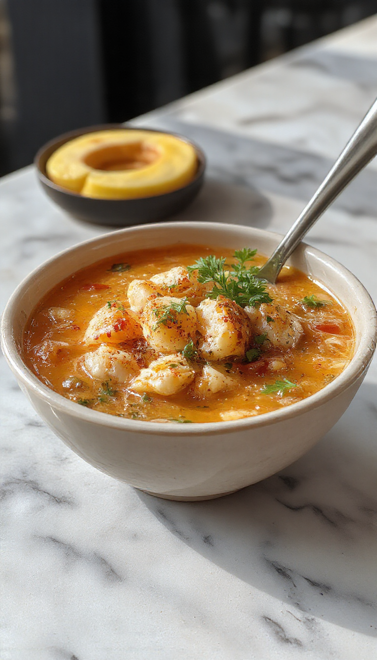 A steaming bowl of sopa fácil de ñoquis con pollo rostizado, garnished with fresh herbs. The vibrant yellow ñoquis and tender shredded chicken are visible, surrounded by a clear, savory broth. The bowl is elegant and sits on a rustic wooden table with a small side plate of crusty bread, creating a cozy and inviting autumnal presentation.