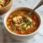 Un tazón grande de Sopa Mediterránea con un color rojo vibrante, lleno de verduras frescas y trozos de tomate, decorado con hojas de perejil y un chorrito de aceite de oliva, sobre una mesa de madera rústica con pan integral al lado.