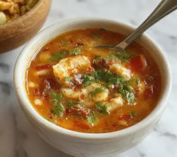 Un tazón grande de Sopa Mediterránea con un color rojo vibrante, lleno de verduras frescas y trozos de tomate, decorado con hojas de perejil y un chorrito de aceite de oliva, sobre una mesa de madera rústica con pan integral al lado.