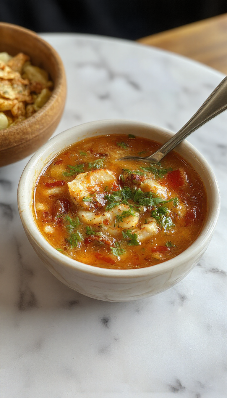 Un tazón grande de Sopa Mediterránea con un color rojo vibrante, lleno de verduras frescas y trozos de tomate, decorado con hojas de perejil y un chorrito de aceite de oliva, sobre una mesa de madera rústica con pan integral al lado.