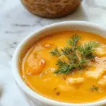 A steaming bowl of vibrant orange butternut squash and sweet potato soup, topped with a dollop of sour cream and sprinkled with fresh herbs, served in a rustic white bowl on a wooden table. The textured surface of the soup reveals chunks of roasted squash and potato, with a drizzle of chili oil adding a fiery touch. The background shows a cozy, autumn-inspired setting with a piece of crusty bread and a warm cloth napkin.