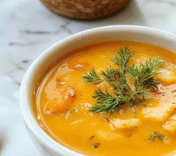 A steaming bowl of vibrant orange butternut squash and sweet potato soup, topped with a dollop of sour cream and sprinkled with fresh herbs, served in a rustic white bowl on a wooden table. The textured surface of the soup reveals chunks of roasted squash and potato, with a drizzle of chili oil adding a fiery touch. The background shows a cozy, autumn-inspired setting with a piece of crusty bread and a warm cloth napkin.