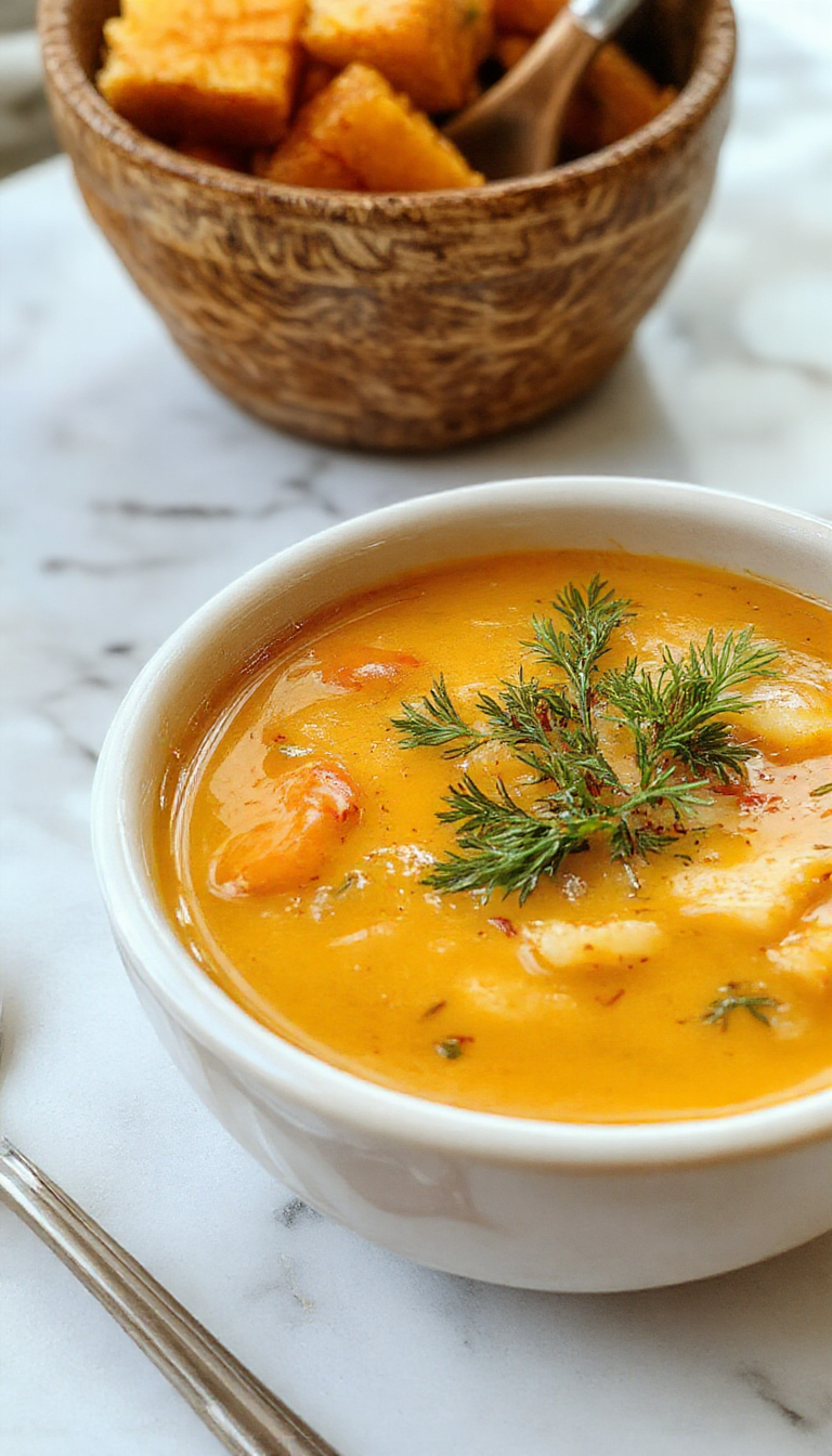 A steaming bowl of vibrant orange butternut squash and sweet potato soup, topped with a dollop of sour cream and sprinkled with fresh herbs, served in a rustic white bowl on a wooden table. The textured surface of the soup reveals chunks of roasted squash and potato, with a drizzle of chili oil adding a fiery touch. The background shows a cozy, autumn-inspired setting with a piece of crusty bread and a warm cloth napkin.