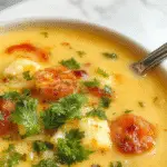 A creamy cauliflower soup served in a rustic white bowl, garnished with fresh herbs and a drizzle of olive oil. The soup's smooth texture and pale color contrast with vibrant green herbs on top, set on a wooden table with a bread roll and a small bowl of additional herbs nearby.