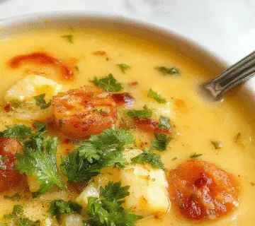 A creamy cauliflower soup served in a rustic white bowl, garnished with fresh herbs and a drizzle of olive oil. The soup's smooth texture and pale color contrast with vibrant green herbs on top, set on a wooden table with a bread roll and a small bowl of additional herbs nearby.