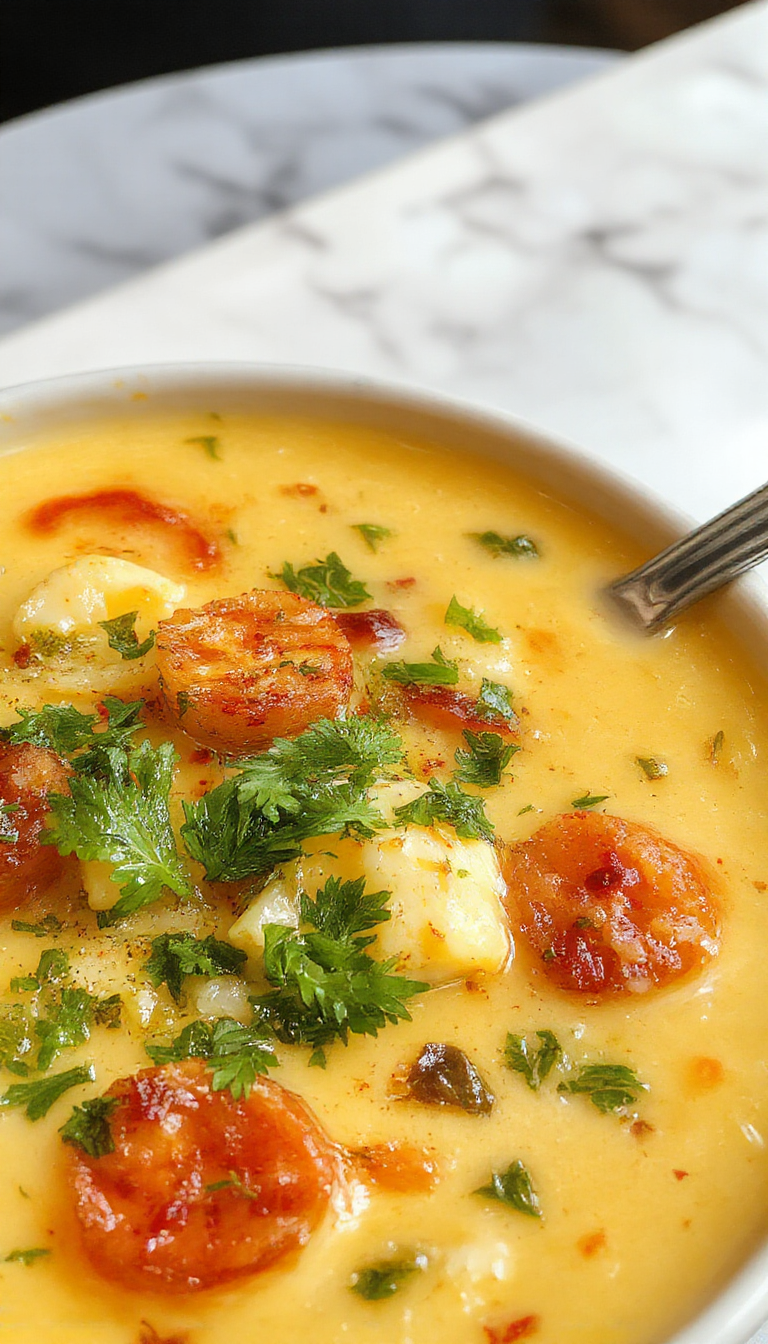 A creamy cauliflower soup served in a rustic white bowl, garnished with fresh herbs and a drizzle of olive oil. The soup's smooth texture and pale color contrast with vibrant green herbs on top, set on a wooden table with a bread roll and a small bowl of additional herbs nearby.