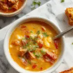 A steaming bowl of ham and bean soup topped with fresh chopped herbs. The soup has a rich, creamy broth with visible pieces of ham, beans, and vegetables, served in a rustic white bowl placed on a wooden table with a textured cloth underneath.