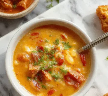 A steaming bowl of ham and bean soup topped with fresh chopped herbs. The soup has a rich, creamy broth with visible pieces of ham, beans, and vegetables, served in a rustic white bowl placed on a wooden table with a textured cloth underneath.
