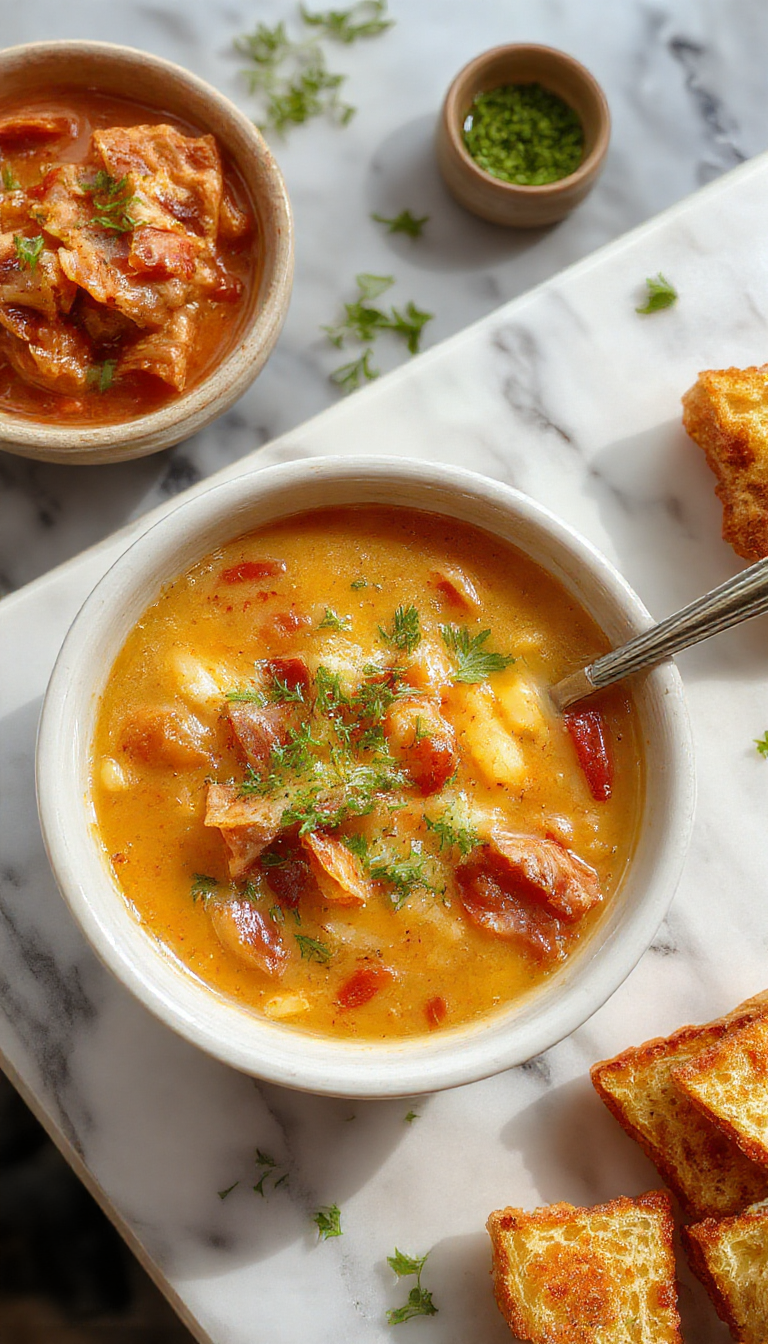 A steaming bowl of ham and bean soup topped with fresh chopped herbs. The soup has a rich, creamy broth with visible pieces of ham, beans, and vegetables, served in a rustic white bowl placed on a wooden table with a textured cloth underneath.