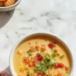 A steaming bowl of creamy lasagna soup with layers of melted cheese, pasta, and savory broth. The soup is garnished with fresh herbs and served in a rustic white bowl, with a spoon resting on the side. The background features a cozy kitchen setting, evoking comfort and warmth.
