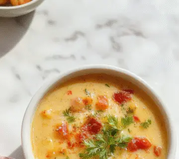 A steaming bowl of creamy lasagna soup with layers of melted cheese, pasta, and savory broth. The soup is garnished with fresh herbs and served in a rustic white bowl, with a spoon resting on the side. The background features a cozy kitchen setting, evoking comfort and warmth.