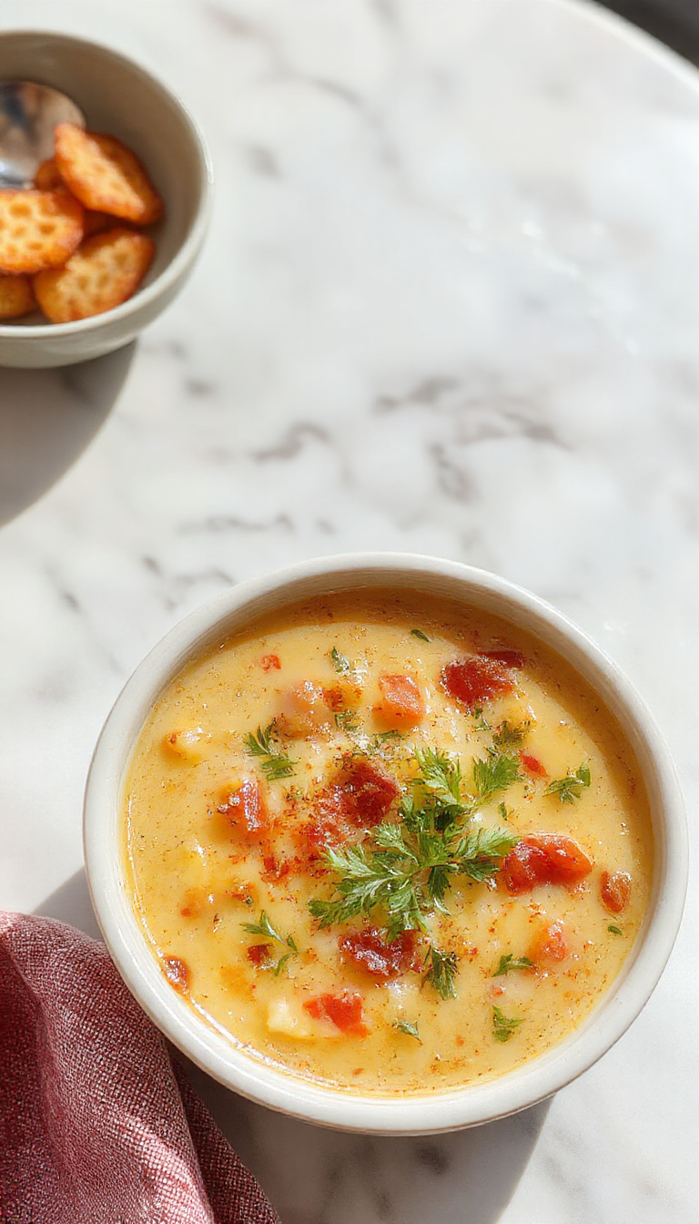 A steaming bowl of creamy lasagna soup with layers of melted cheese, pasta, and savory broth. The soup is garnished with fresh herbs and served in a rustic white bowl, with a spoon resting on the side. The background features a cozy kitchen setting, evoking comfort and warmth.