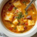 Un tazón hondo de sopa de lasaña con capas visibles de queso fundido, carne, y pasta en un líquido color marfil, adornado con hierbas frescas y crujientes panecillos a un lado