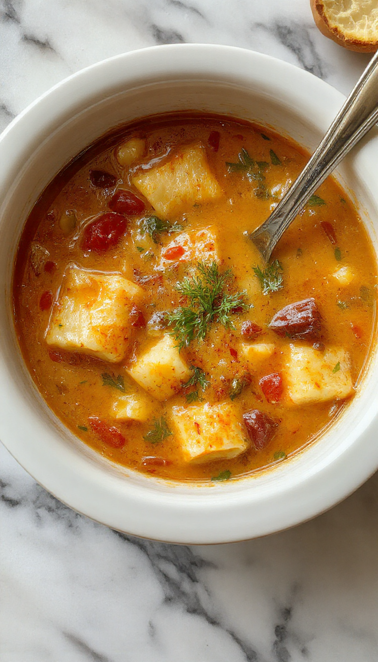 Un tazón hondo de sopa de lasaña con capas visibles de queso fundido, carne, y pasta en un líquido color marfil, adornado con hierbas frescas y crujientes panecillos a un lado