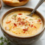 A creamy bowl of sopa de ñoquis topped with crispy bacon bits, melted cheddar cheese, and a sprinkle of fresh herbs. The smooth, thick soup showcases plump, golden gnocchi partially submerged in the rich, cheesy broth, with streaks of bacon and melting cheese creating a comforting visual contrast.