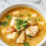 A steaming bowl of golden turmeric chicken soup garnished with fresh herbs, with tender chicken pieces, clear broth, and vibrant spices visible, presented on a rustic wooden table with a silver spoon beside it.