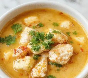 A steaming bowl of golden turmeric chicken soup garnished with fresh herbs, with tender chicken pieces, clear broth, and vibrant spices visible, presented on a rustic wooden table with a silver spoon beside it.