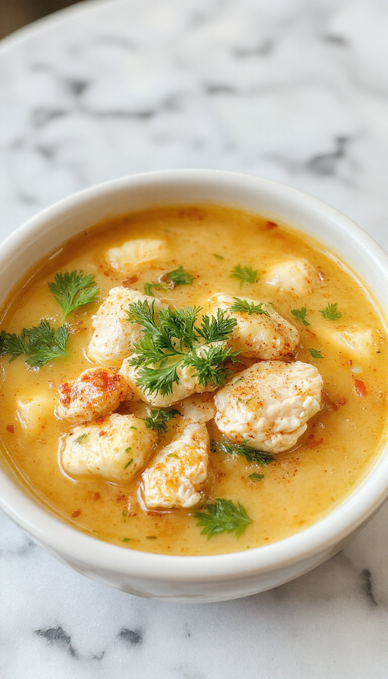 A steaming bowl of golden turmeric chicken soup garnished with fresh herbs, with tender chicken pieces, clear broth, and vibrant spices visible, presented on a rustic wooden table with a silver spoon beside it.