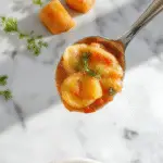 A steaming bowl of Sopa de Ravioles featuring tender ravioli in a rich, creamy broth, garnished with fresh spinach and slices of savory sausage. The bowl is set on a rustic wooden table, with steam rising to highlight the warmth and comfort of the dish, showcasing vibrant green spinach, golden ravioli, and melted cheese topping.