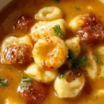 A steaming bowl of tortellini soup in a rustic white bowl, filled with plump tortellini, slices of sausage, and vibrant green herbs. The broth is creamy and golden, garnished with grated cheese and fresh parsley. The presentation is inviting, with a silver spoon resting beside the bowl and a folded napkin adding a cozy touch.