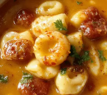 A steaming bowl of tortellini soup in a rustic white bowl, filled with plump tortellini, slices of sausage, and vibrant green herbs. The broth is creamy and golden, garnished with grated cheese and fresh parsley. The presentation is inviting, with a silver spoon resting beside the bowl and a folded napkin adding a cozy touch.