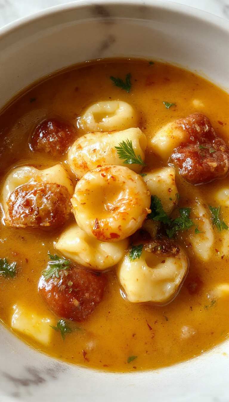 A steaming bowl of tortellini soup in a rustic white bowl, filled with plump tortellini, slices of sausage, and vibrant green herbs. The broth is creamy and golden, garnished with grated cheese and fresh parsley. The presentation is inviting, with a silver spoon resting beside the bowl and a folded napkin adding a cozy touch.