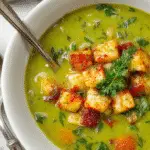 Bowl of vibrant Toscana vegetable soup featuring a colorful mix of chopped carrots, zucchini, spinach, and tomatoes, garnished with fresh herbs, served in a rustic ceramic bowl on a wooden table.