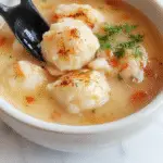 Un tazón humeante de sopa de cerdo con trozos de dumplings suaves en una olla de cerámica. La sopa tiene un color dorado claro con ingredientes visibles como vegetales y carne, decorada con cebollín fresco. La presentación es hogareña y apetecible, con un fondo de cocina y utensilios tradicionales chinos.