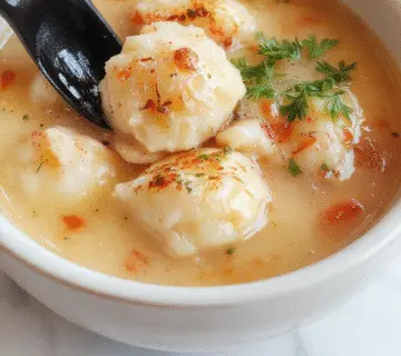 Un tazón humeante de sopa de cerdo con trozos de dumplings suaves en una olla de cerámica. La sopa tiene un color dorado claro con ingredientes visibles como vegetales y carne, decorada con cebollín fresco. La presentación es hogareña y apetecible, con un fondo de cocina y utensilios tradicionales chinos.