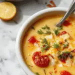 Un tazón hondo lleno de sopa cremosa con ñoquis suaves, trozos crujientes de tocino y ralladura de queso cheddar derretido en la parte superior, todo presentado en una olla blanca sobre una mesa de madera rústica, con elementos decorativos otoñales en el fondo.