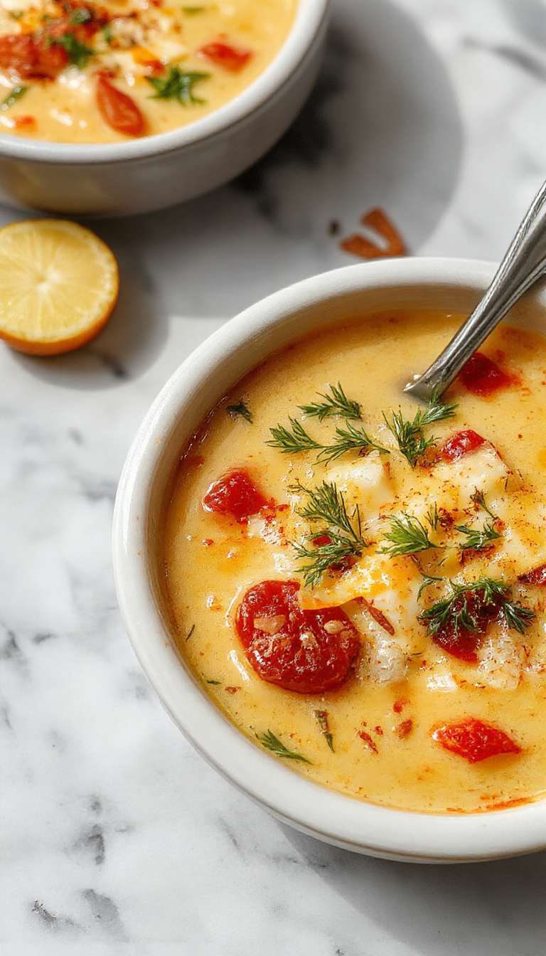 Un tazón hondo lleno de sopa cremosa con ñoquis suaves, trozos crujientes de tocino y ralladura de queso cheddar derretido en la parte superior, todo presentado en una olla blanca sobre una mesa de madera rústica, con elementos decorativos otoñales en el fondo.