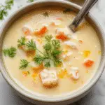 A bowl of chicken orzo soup garnished with fresh lemon slices, vibrant herbs, and a drizzle of olive oil. The soup features tender chicken pieces, plump orzo pasta, and a clear, aromatic broth, presented on a rustic wooden table with a sprig of fresh herbs and a lemon wedge nearby.