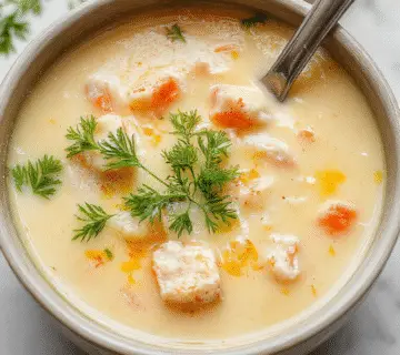 A bowl of chicken orzo soup garnished with fresh lemon slices, vibrant herbs, and a drizzle of olive oil. The soup features tender chicken pieces, plump orzo pasta, and a clear, aromatic broth, presented on a rustic wooden table with a sprig of fresh herbs and a lemon wedge nearby.