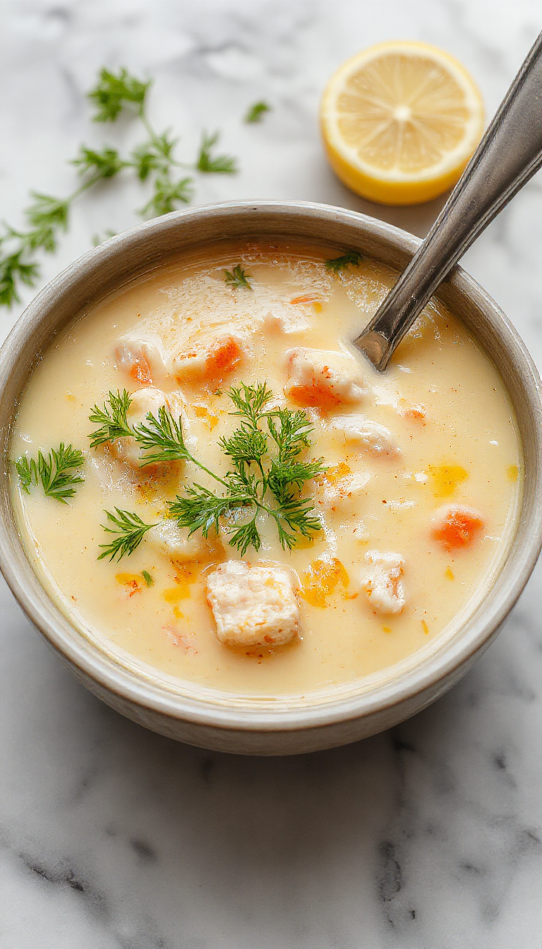 A bowl of chicken orzo soup garnished with fresh lemon slices, vibrant herbs, and a drizzle of olive oil. The soup features tender chicken pieces, plump orzo pasta, and a clear, aromatic broth, presented on a rustic wooden table with a sprig of fresh herbs and a lemon wedge nearby.