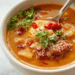 A vibrant bowl of stuffed pepper soup featuring colorful red and yellow bell peppers filled with nutritious ingredients, topped with fresh herbs and a sprinkle of cheese. The soup is served in a rustic white bowl, with steam gently rising, showcasing a rich, hearty broth with visible chunks of vegetables and tender peppers.
