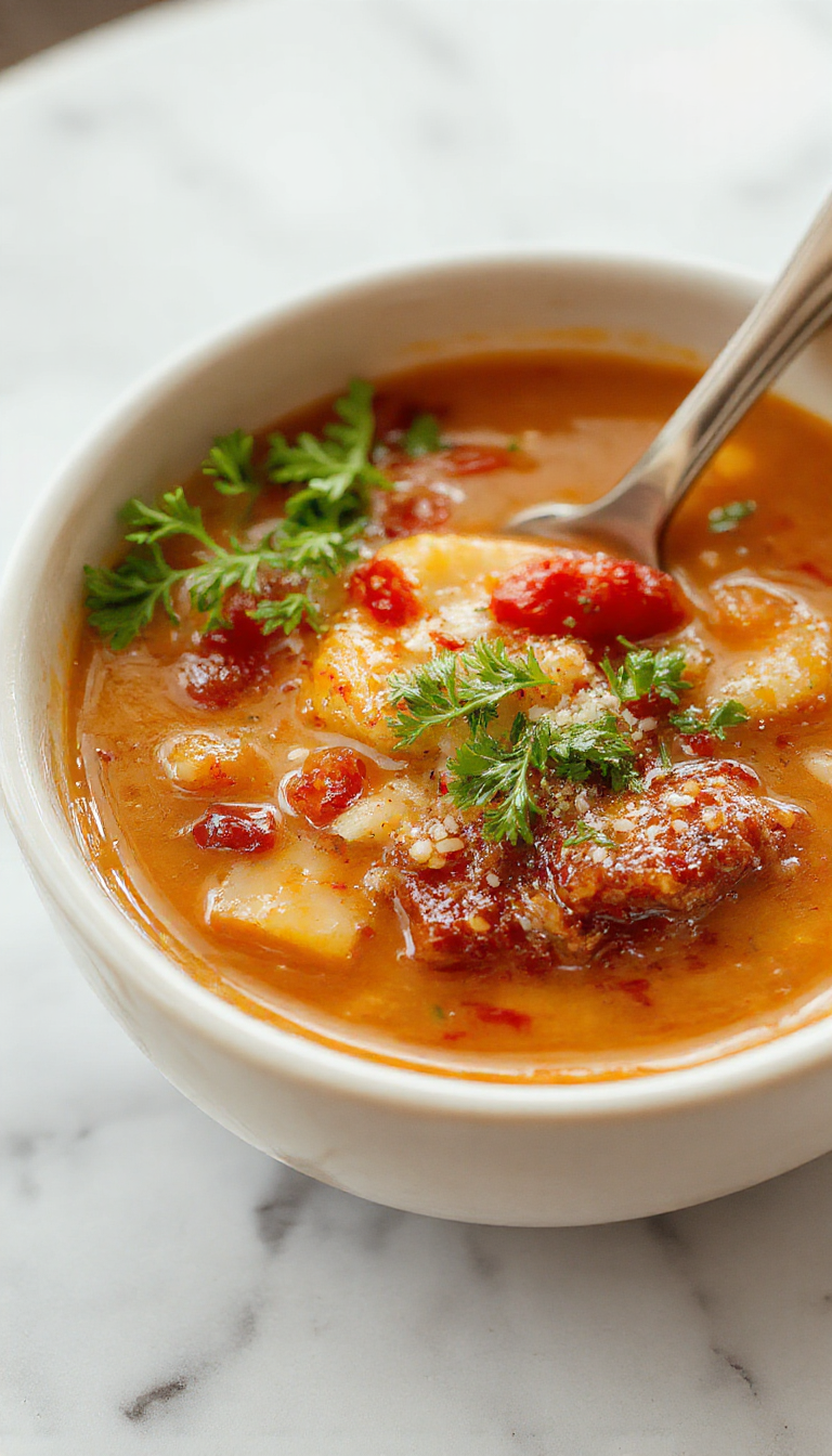 A vibrant bowl of stuffed pepper soup featuring colorful red and yellow bell peppers filled with nutritious ingredients, topped with fresh herbs and a sprinkle of cheese. The soup is served in a rustic white bowl, with steam gently rising, showcasing a rich, hearty broth with visible chunks of vegetables and tender peppers.