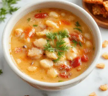 A steaming bowl of white bean Italian soup garnished with fresh herbs, topped with a drizzle of olive oil, served in a rustic ceramic bowl on a wooden table, with crusty bread on the side.