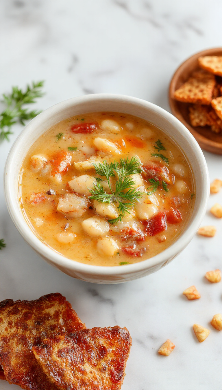 A steaming bowl of white bean Italian soup garnished with fresh herbs, topped with a drizzle of olive oil, served in a rustic ceramic bowl on a wooden table, with crusty bread on the side.