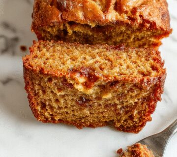 A slice of Starbucks copycat banana bread on a rustic white plate, showcasing its moist golden crumb with visible banana chunks and a slightly cracked top, served alongside a cup of steaming coffee on a wooden table.