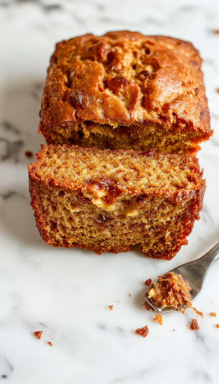 A slice of Starbucks copycat banana bread on a rustic white plate, showcasing its moist golden crumb with visible banana chunks and a slightly cracked top, served alongside a cup of steaming coffee on a wooden table.
