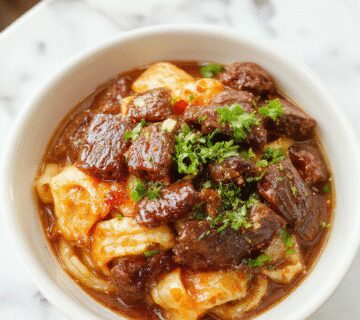 A vibrant bowl of sticky beef noodles featuring tender slices of beef atop glossy, caramel-colored noodles garnished with chopped green onions and sesame seeds. The dish is presented in a rustic white bowl on a wooden table, with steam gently rising, highlighting the luscious sauce coating the noodles and meat.