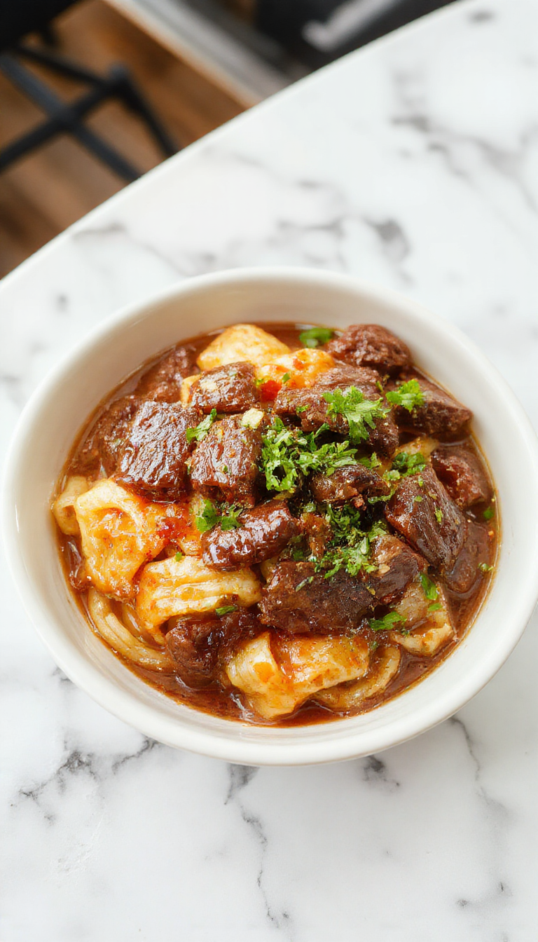 A vibrant bowl of sticky beef noodles featuring tender slices of beef atop glossy, caramel-colored noodles garnished with chopped green onions and sesame seeds. The dish is presented in a rustic white bowl on a wooden table, with steam gently rising, highlighting the luscious sauce coating the noodles and meat.